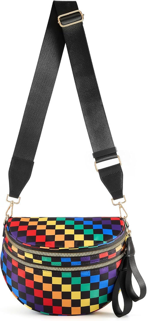 FEIBOON Spacious Checkered Nylon Crossbody Bag Bum Bag Handbags for Women