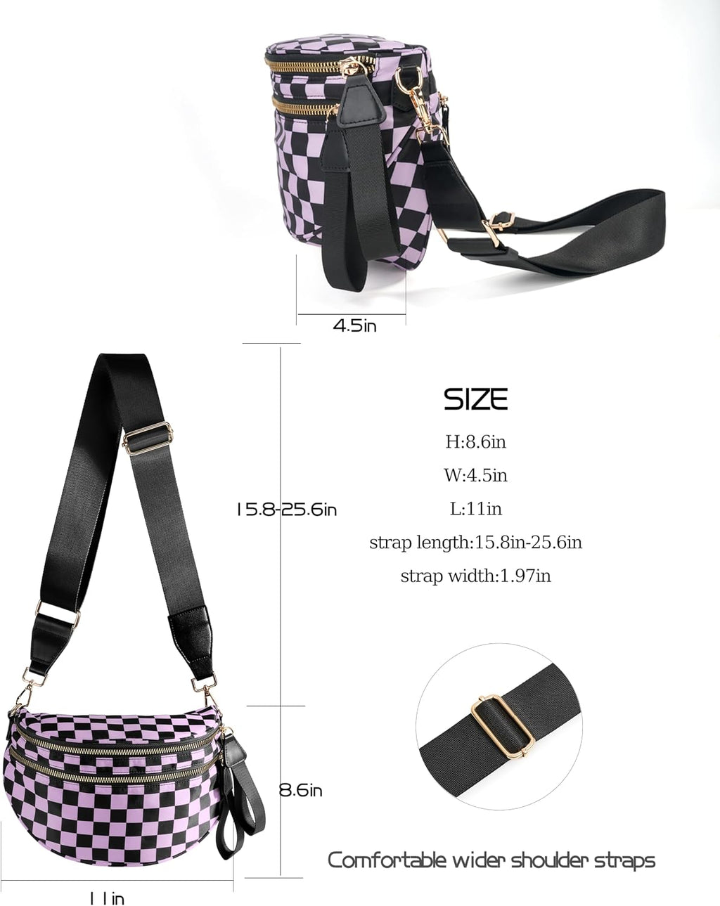 FEIBOON Spacious Checkered Nylon Crossbody Bag Bum Bag Handbags for Women