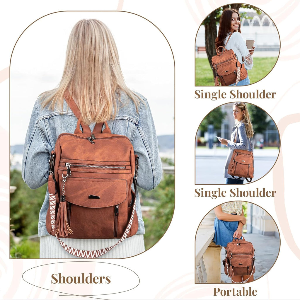 Rcrirth PU Leather Backpack Purse for Women, Brown