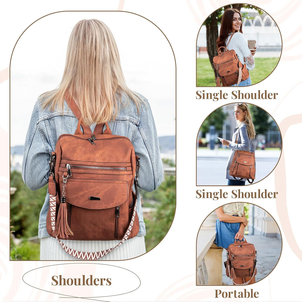Rcrirth PU Leather Backpack Purse for Women, Brown
