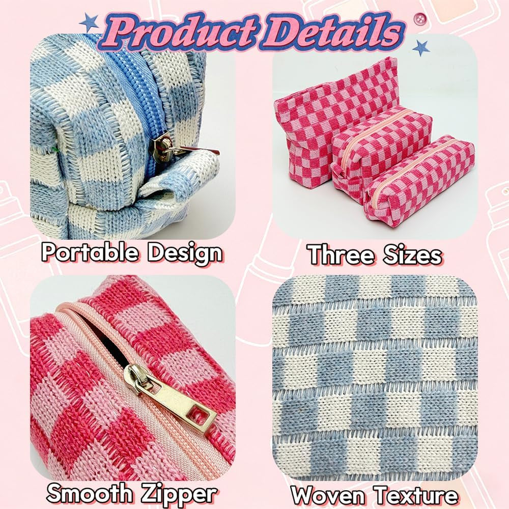 3 Pieces Checkered Makeup Bag Set, Pink Cosmetic Bags for Women, Large Medium Small Portable Travel Toiletry Bag, Cute Zipper Pouch Organizer for Purse, Skincare, Cosmetics, Stationery