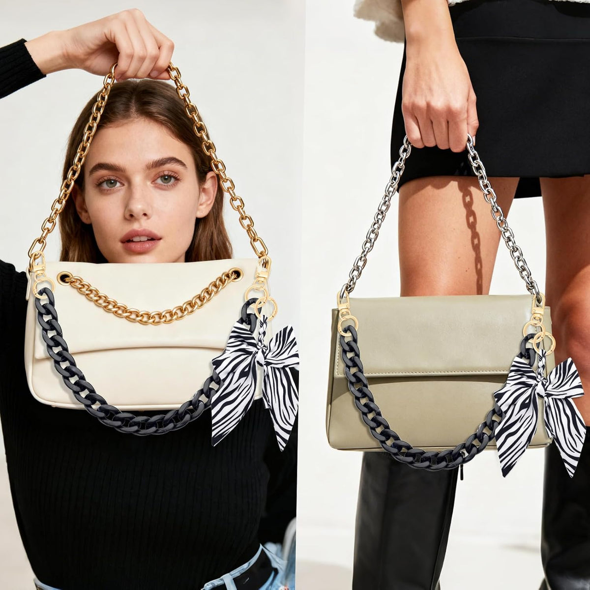 TUCEWP Black Purse Chain Strap 17.9 Inch Chunky Acrylic Bag Handle Shoulder Strap Replacement with Zebra Stripe Print Bow Bag Charms Vintage Handbag Decoration Chain Bag Accessories Charms for Women