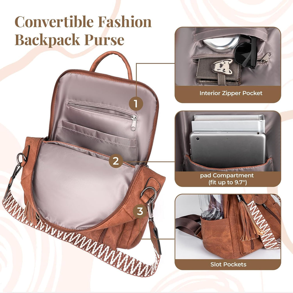 Rcrirth PU Leather Backpack Purse for Women, Brown