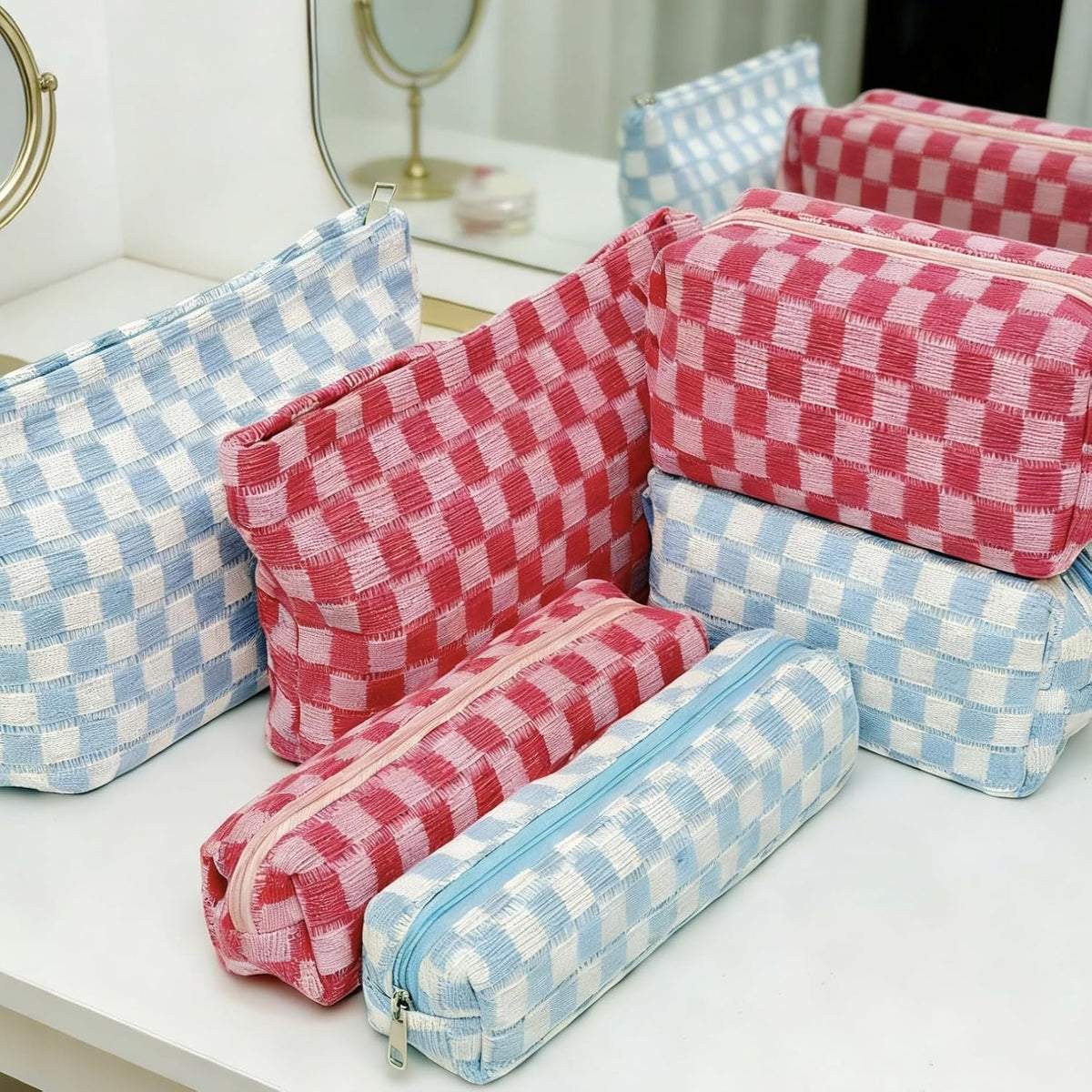 3 Pieces Checkered Makeup Bag Set, Pink Cosmetic Bags for Women, Large Medium Small Portable Travel Toiletry Bag, Cute Zipper Pouch Organizer for Purse, Skincare, Cosmetics, Stationery