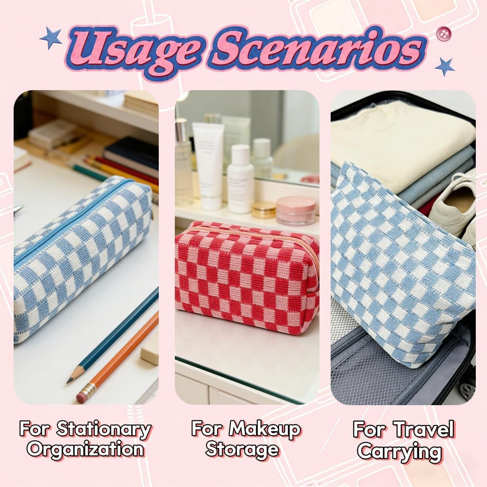 3 Pieces Checkered Makeup Bag Set, Pink Cosmetic Bags for Women, Large Medium Small Portable Travel Toiletry Bag, Cute Zipper Pouch Organizer for Purse, Skincare, Cosmetics, Stationery