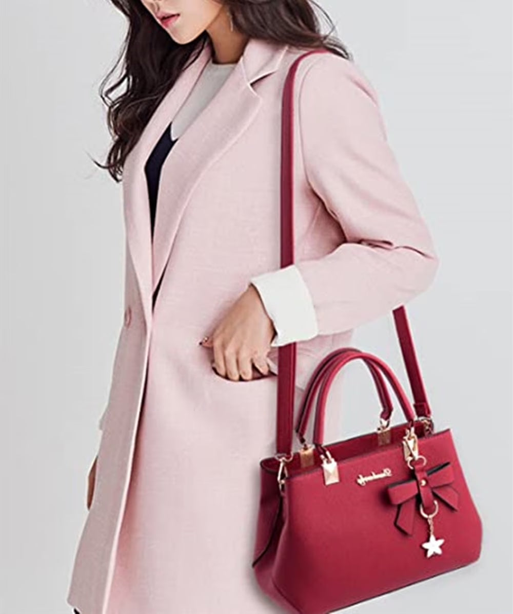 Purses and Handbags for Women Fashion Ladies PU Leather Top Handle Satchel Shoulder Tote Bags Plum Bow Crossbody Bag