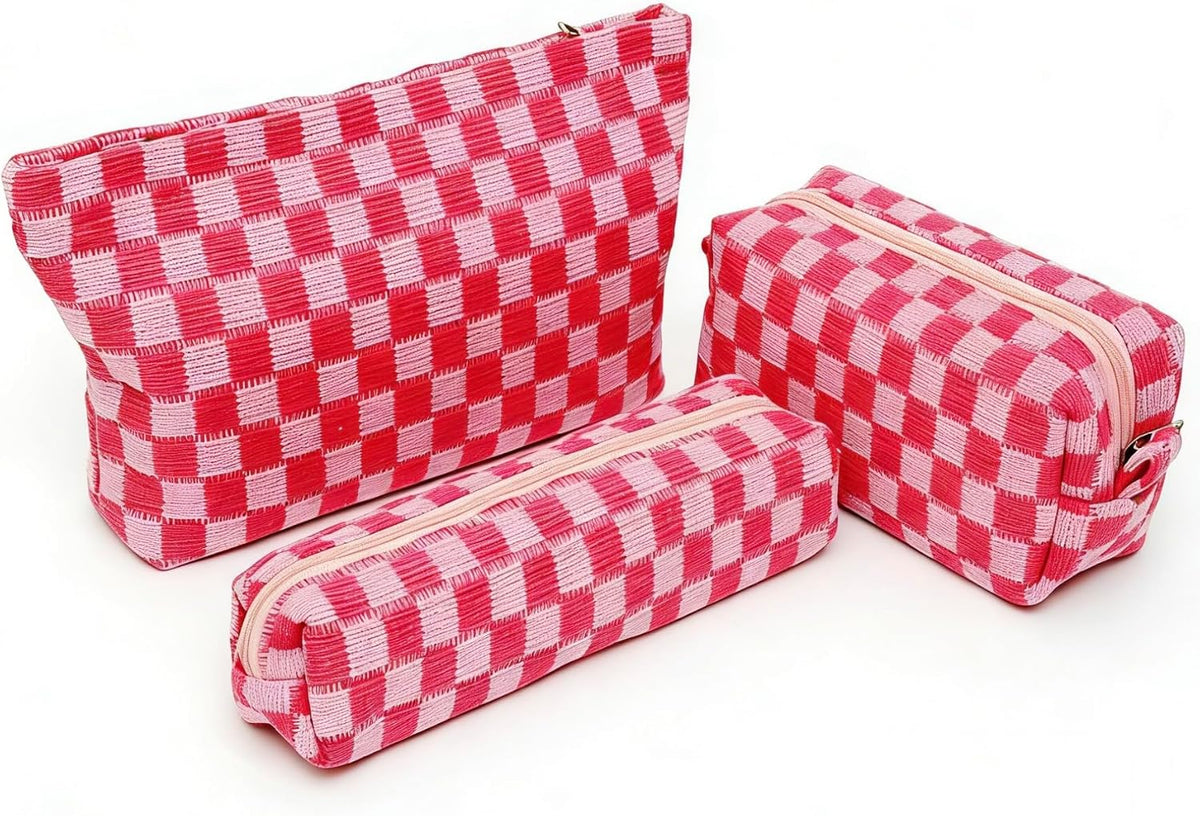 3 Pieces Checkered Makeup Bag Set, Pink Cosmetic Bags for Women, Large Medium Small Portable Travel Toiletry Bag, Cute Zipper Pouch Organizer for Purse, Skincare, Cosmetics, Stationery