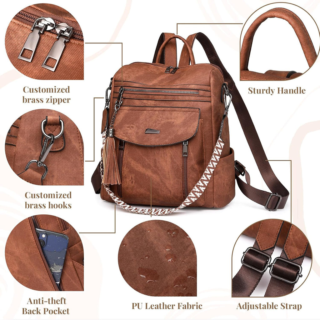 Rcrirth PU Leather Backpack Purse for Women, Brown
