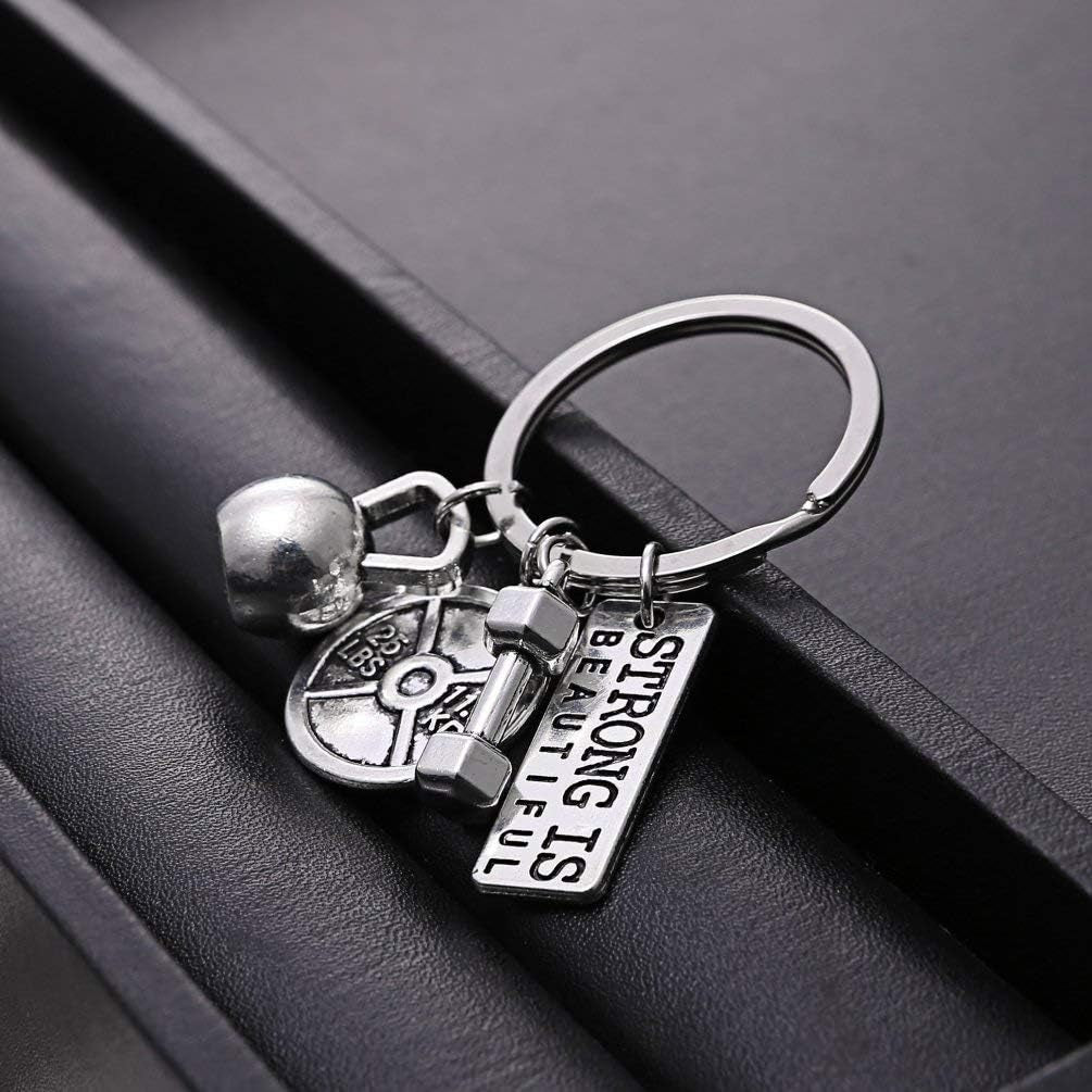 RINHOO Stainless Steel Fitness Gym Charm Keychains Quotes Weight Plate Dumbbell Kettlebell Charmskeyring