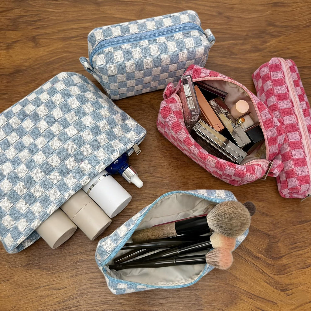 3 Pieces Checkered Makeup Bag Set, Pink Cosmetic Bags for Women, Large Medium Small Portable Travel Toiletry Bag, Cute Zipper Pouch Organizer for Purse, Skincare, Cosmetics, Stationery