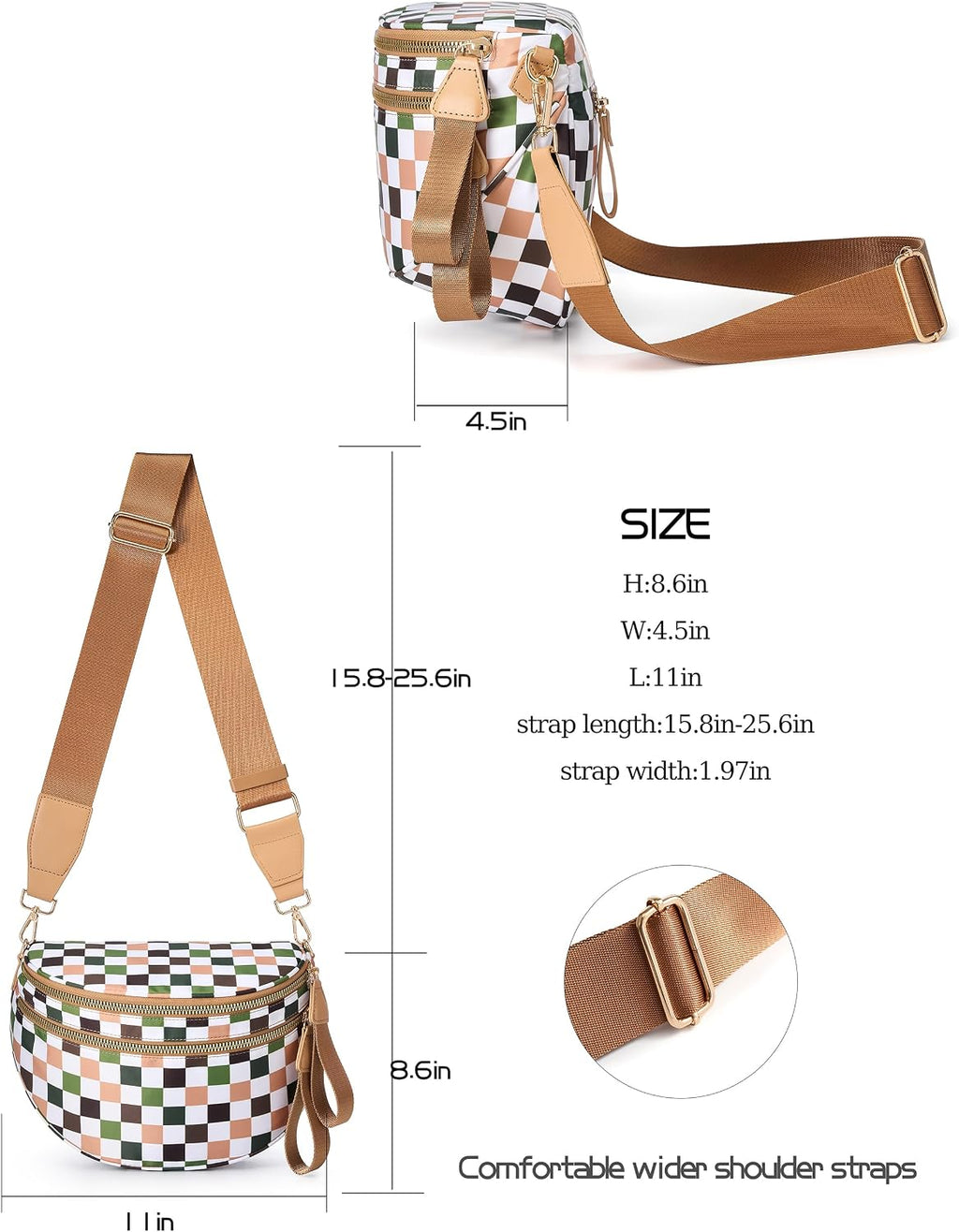 FEIBOON Spacious Checkered Nylon Crossbody Bag Bum Bag Handbags for Women