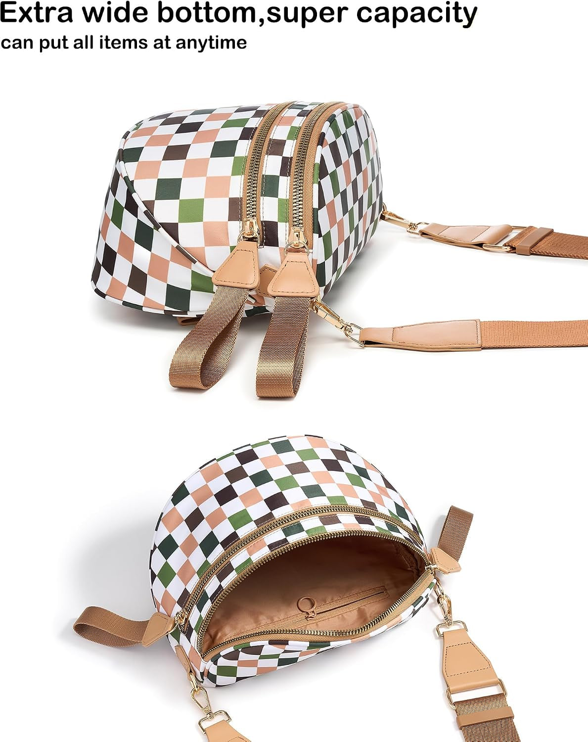 FEIBOON Spacious Checkered Nylon Crossbody Bag Bum Bag Handbags for Women