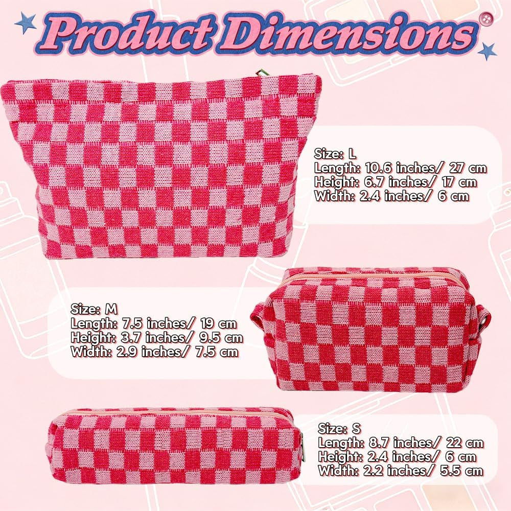 3 Pieces Checkered Makeup Bag Set, Pink Cosmetic Bags for Women, Large Medium Small Portable Travel Toiletry Bag, Cute Zipper Pouch Organizer for Purse, Skincare, Cosmetics, Stationery