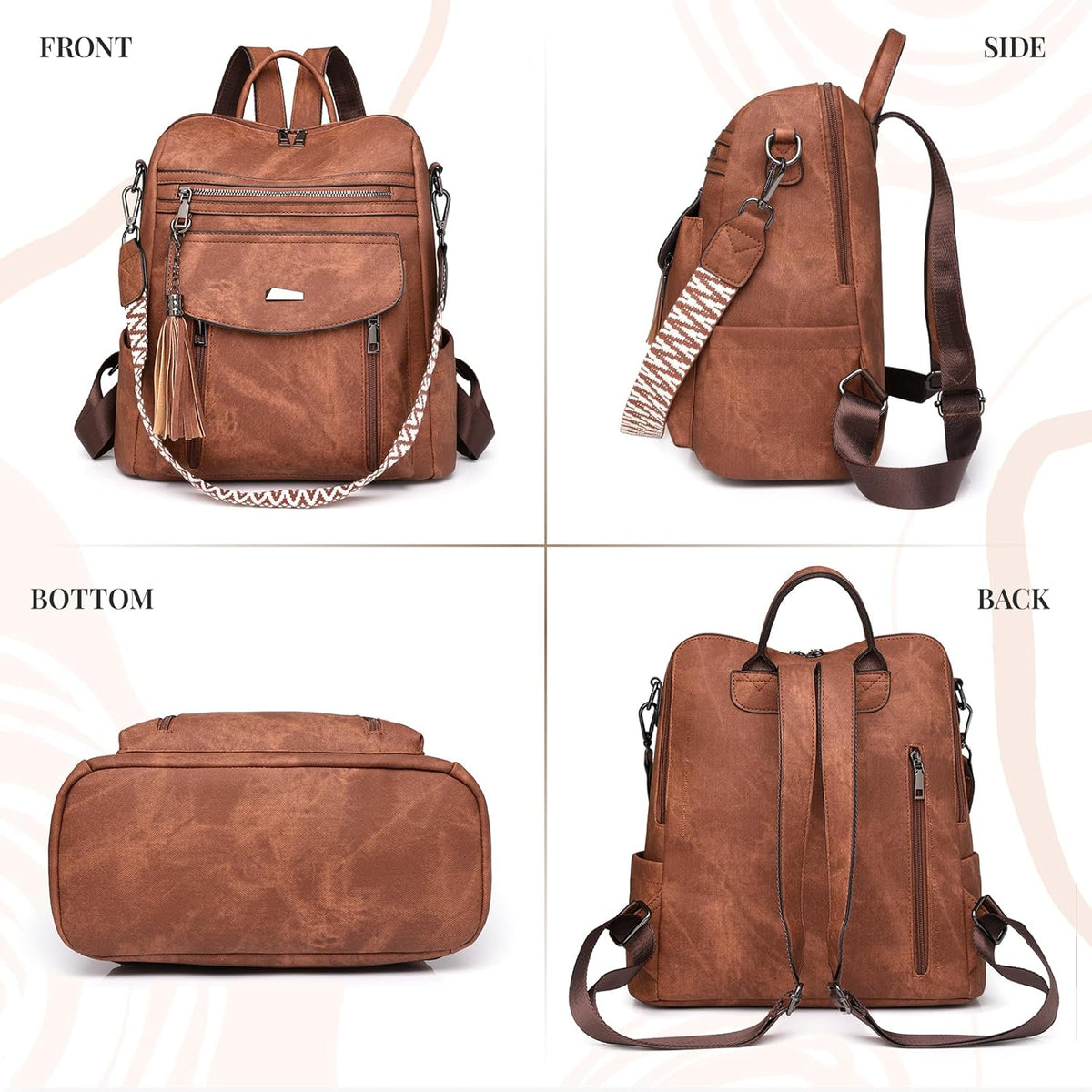 Rcrirth PU Leather Backpack Purse for Women, Brown