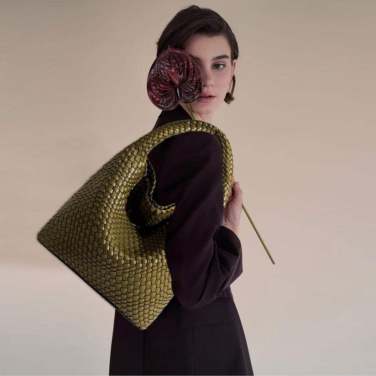 JINMANXUE Woven Tote Bag for Women, Fashion Hobo Handbag, Travel Top-Handle Shoulder Bag, Beach Underarm Bag with Purse