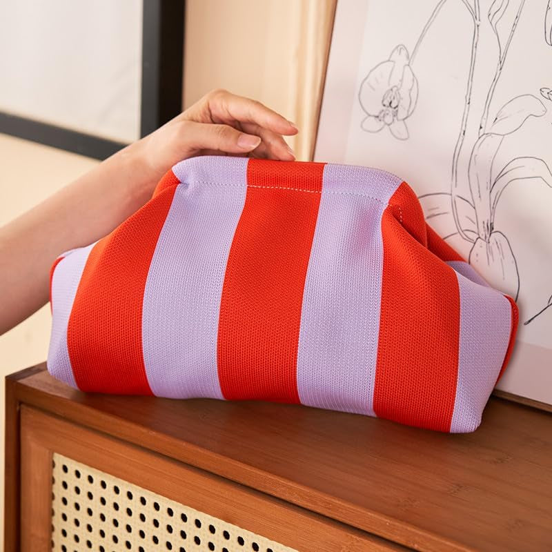 DIHKLCIO Clutch Purses for Women 2026 Summer Beach Woven Crochet Bag Dumpling Striped Ruched Cloud Purse Evening Handbag