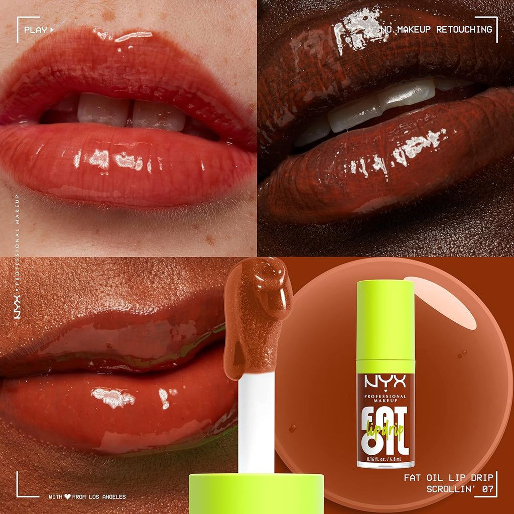 NYX PROFESSIONAL MAKEUP Fat Oil Lip Drip, Moisturizing Lip Oil Gloss, Vegan Tinted Formula, up to 12 HR Hydration - Scrollin' (Deep Caramel)