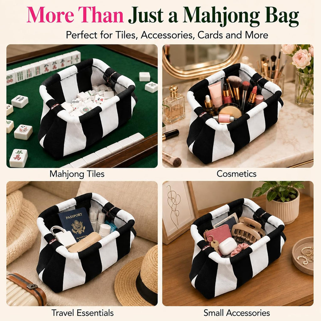 Mahjong Tile Bag with Dice Pouch, Crochet Woven Clutch, Black & White