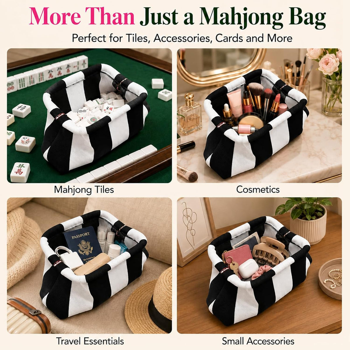 Mahjong Tile Bag with Dice Pouch, Crochet Woven Clutch, Black & White