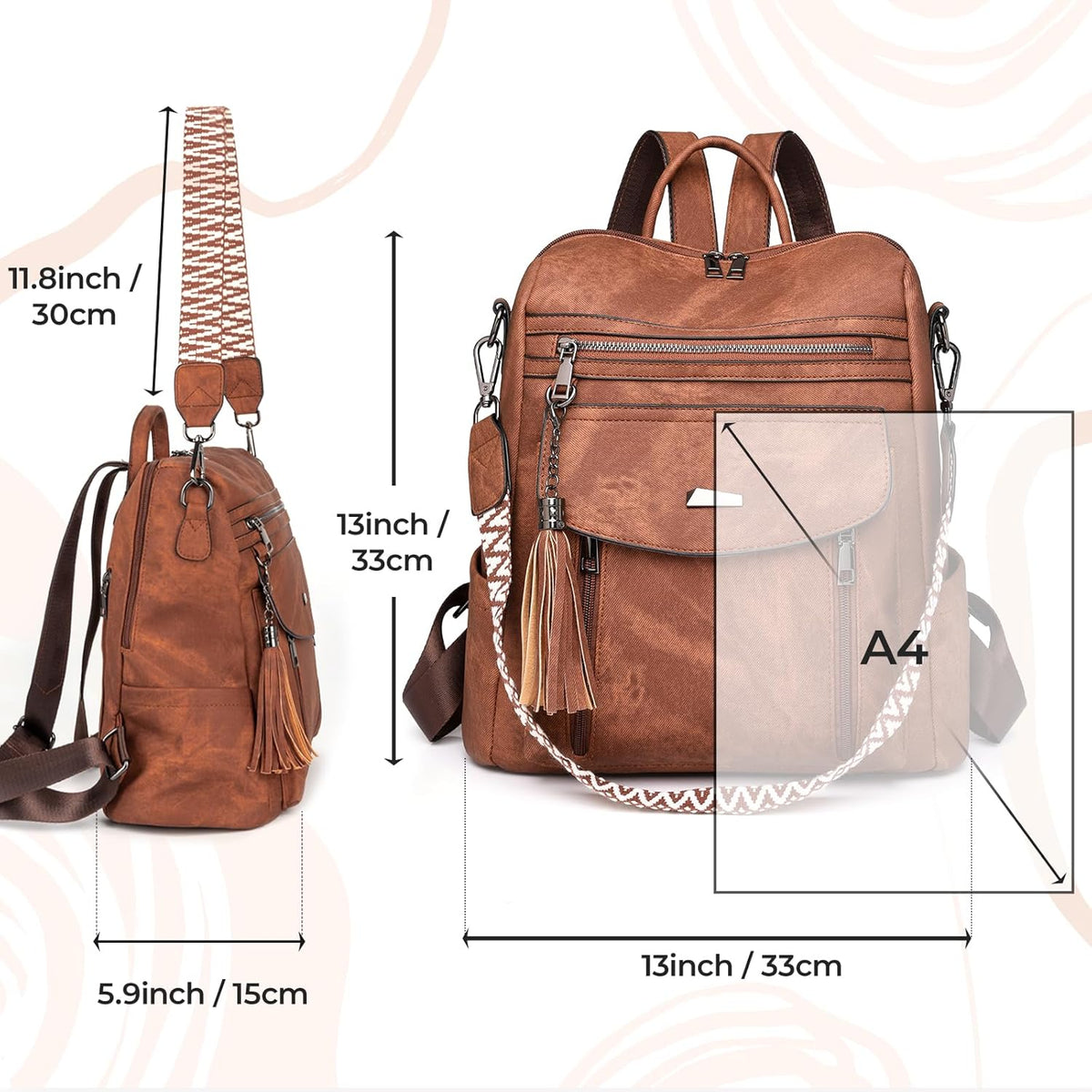 Rcrirth PU Leather Backpack Purse for Women, Brown