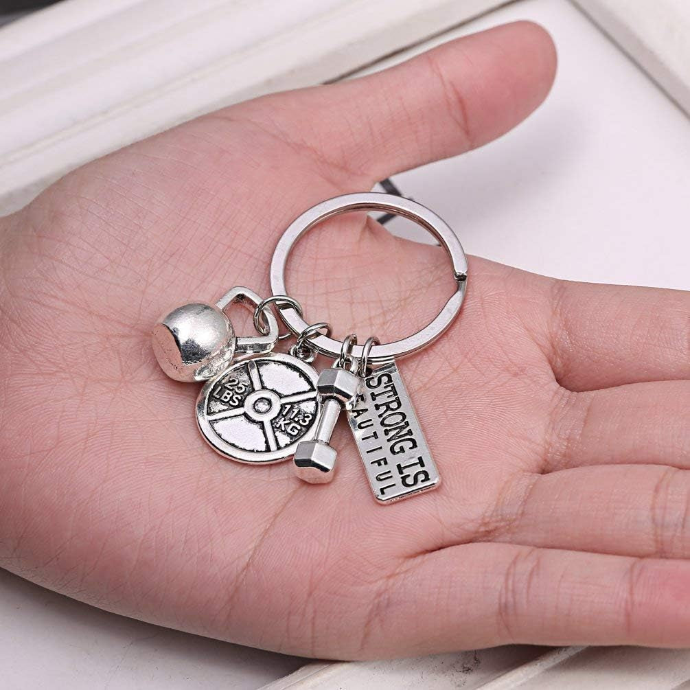 RINHOO Stainless Steel Fitness Gym Charm Keychains Quotes Weight Plate Dumbbell Kettlebell Charmskeyring