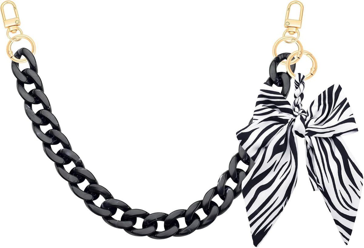 TUCEWP Black Purse Chain Strap 17.9 Inch Chunky Acrylic Bag Handle Shoulder Strap Replacement with Zebra Stripe Print Bow Bag Charms Vintage Handbag Decoration Chain Bag Accessories Charms for Women