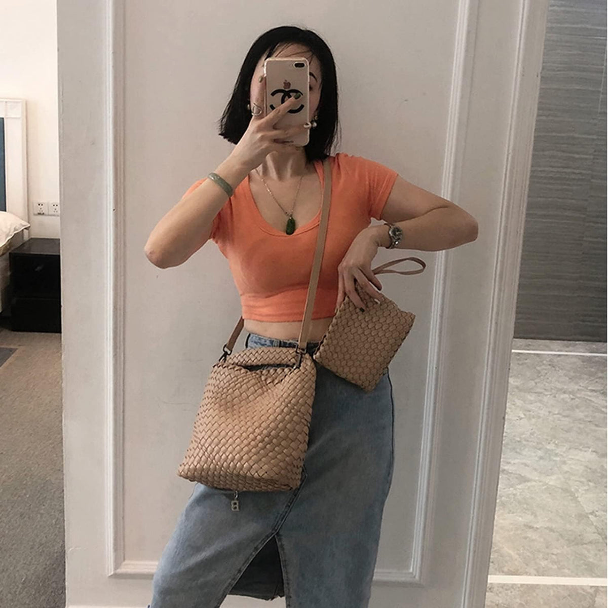 JINMANXUE Small Woven Bag for Women Cute Hobo Tote Handbag Mini Clutch Purse Vegan Leather Crossbody Shoulder Handmade Bags