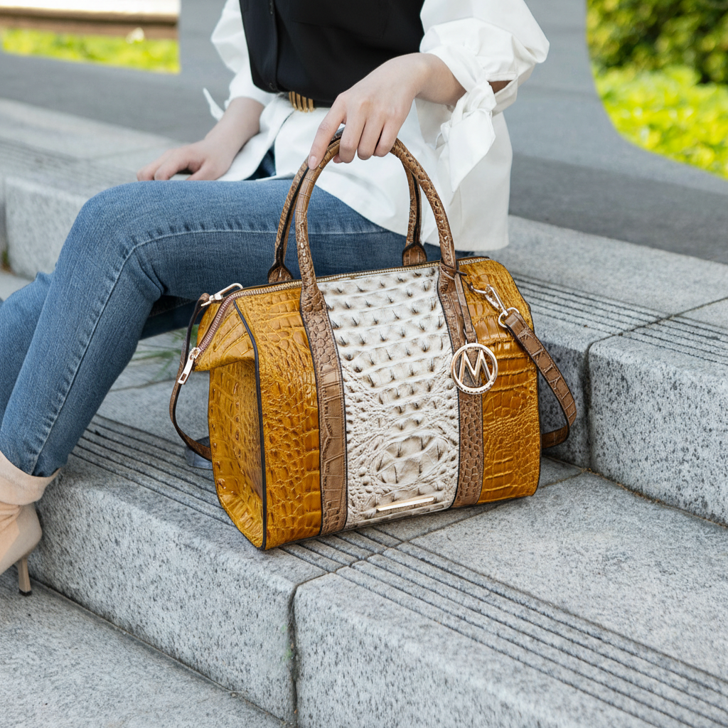 Mia K Ember Croc-Embossed Satchel – Beige
